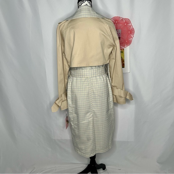 NWT Avec Les Filles Tan and Blue Plaid patchwork Trenchcoat Medium - Picture 4 of 16